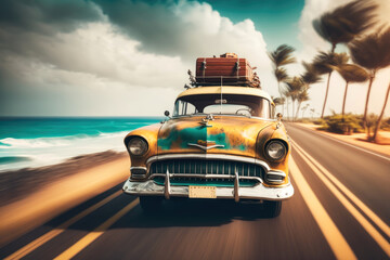 Old vintage rusty retro car with baggage driving through the exotic country, in motion. Generative AI
