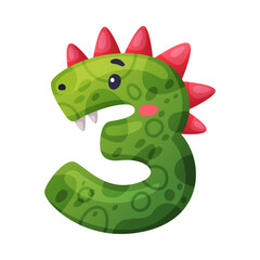 3 dino font number. Three dino effect numeral, kids, nursery, birthday party design cartoon vector illustration