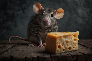 Cute rat or mouse enjoying his big piece of cheese. Funny illustration character. Ai generated