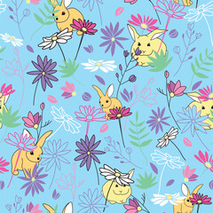 Blue bunnies with wildflowers background pattern. Happy Easter. Vector pattern.