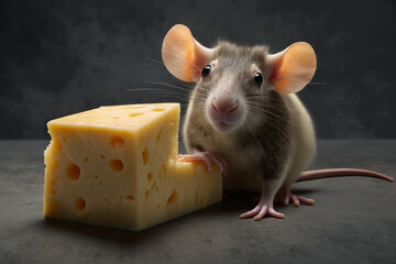 Cute rat or mouse enjoying his big piece of cheese. Funny illustration character. Ai generated