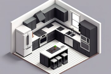 isometric modern style kitchen, generative AI.