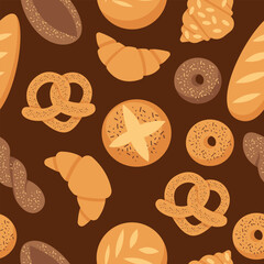 Bread seamless pattern. Vector bakery pastry products - rye, wheat and whole grain bread, french baguette, croissant, bagel, roll, donut, bun, loaf wicker bun flat illustration isolated on background