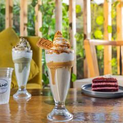 Milk Chai Latte with an Ice Cream Scoop, a deliciously refreshing twist on the classic drink. Perfect for food and beverage projects, adding sophistication and indulgence to your design