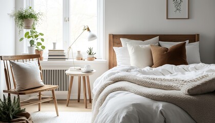 A cozy bedroom interior decorated in Scandinavian style, with natural wood furniture and minimalistic decor. Generative AI illustration.