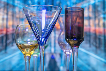 Close up of set of 4 coloured empty liqueur glasses, blurred background, nobody