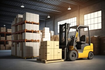 Forklift loads pallets and boxes in warehouse, AI generated.	