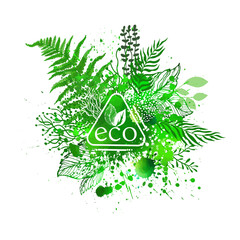 Flying green leaves effect . Green abstraction ecology. Vector illustration