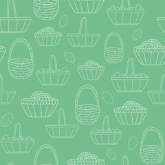 Green Happy Easter baskets and eggs background pattern. Vector pattern.