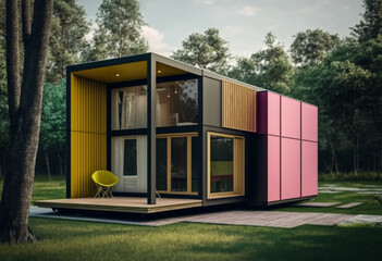 Fototapeta na wymiar Modern Tiny House Designs: AI-Generated Exterior Renderings of Eco-Friendly Prefab, Portable, DIY, Flat-Pack, and Kit Cottages