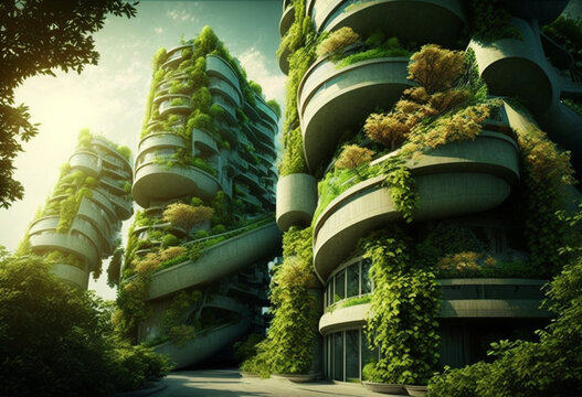 Ai-Generated Render of a Modern, Sustainable, Eco-Friendly Vertical Garden City Skyline with Curvy Green Architecture, Urban Buildings, Nature Parks, Towers, Facades, Streets, and Rooftop Walls