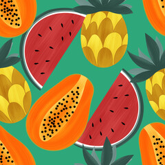 Seamless tropical fruits pattern, Exotic fruits repeat background, Summer wallpaper, Juicy and vibrant design,  Modern colorful print with summer fruits for wrapping paper, fabric, stationery 