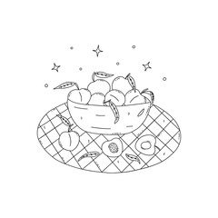 Bowl of ripe peaches on table, one peach cut in half. Delicious juicy healthy fruit, seasonal vitamin, frugarianism, raw food. Black and white vector isolated illustration hand drawn doodle