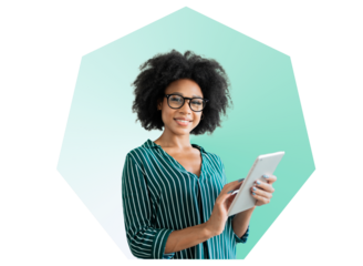 Young woman using tablet office employee student, transparent background, png.