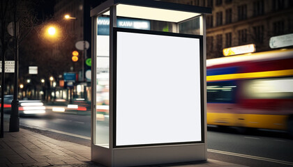 Obraz na płótnie Canvas Mockup of blank advertising light box on bus stop on blurred city street background, generative AI