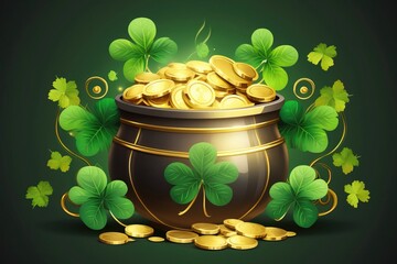 St. Patrick's Day Banner with Pot of gold coins, clover leaves. Generative AI