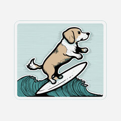 illustration of a surfing dog in sea, minimal, Cartoon, funny, sticker, minimal
