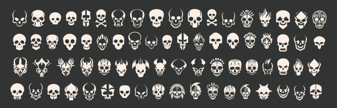 Skull Human Vector Shapes Set. Deaths head. Mortality symbols. Hellspawn. Satanic imagery. Horror icons. Occult. Demon. Dia de los Muertos. Rock and roll. Logo. Icon. Pictogram. Sugar skull. Tattoo