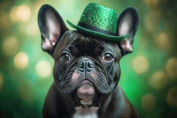 French bulldog in a green shiny hat on a festive bokeh background. Saint Patrick's day. Generative AI