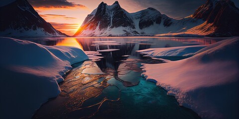 Fototapeta na wymiar Stunning Natural Landscape of Lofoten Islands: Mountain Ridge, Frozen Lake, and Sunset Reflections - Generative AI 