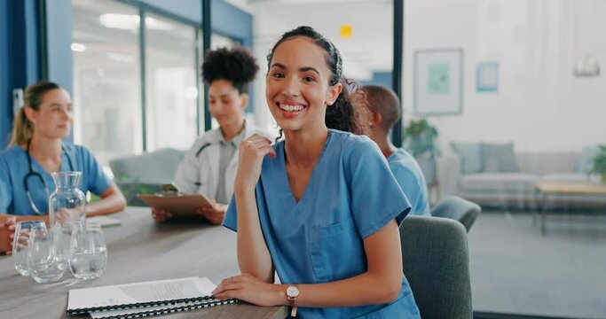 Healthcare, face and woman in hospital meeting, medical student or life insurance discussion on paper documents. Smile, worker and nurse in portrait, teamwork collaboration or internship planning