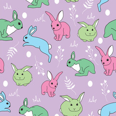pink Happy Easter cute bunnies and eggs background pattern. Vector pattern.