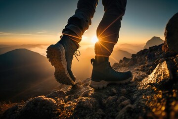 Hiker goes against sunrise. Generative AI