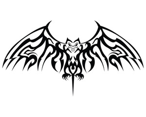 black tattoo silhouette vector design of a bat monster with carvings and symbols all over its body and its wings spread and its tail pointed downwards