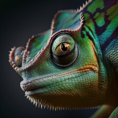 Colorful chameleon looking in the camera, close up portrait. Created with generative Ai technology.