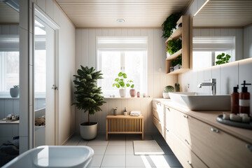 Interior of a modern bathroom in bright colors in Scandinavian style. Generative AI