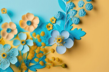 Top view of a beautiful blue and yellow flowers on blue and yellow background with copy space for text. Generative AI. 