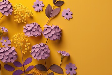 Top view of a beautiful purple and yellow decorative flowers on mustard yellow background with copy space for text. Generative AI. 