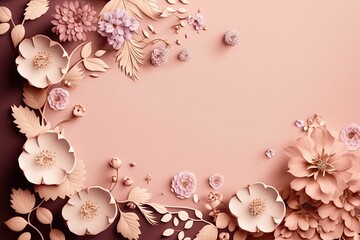 Top view of a beautiful delicate pastel pink decorative flowers frame on pastel pink background with copy space for text. Generative AI. 