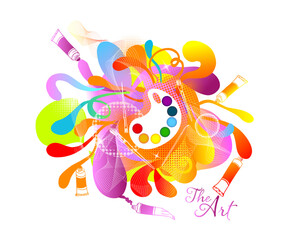 Artist's palette with paints of different colors and brushes or paintbrushes. Top view of painter's tools isolated on white background. Vector illustration