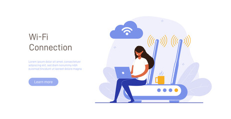 Concept of mobile network, wireless Internet connection technology. Wifi illustration. People use device to connect Internet network Modern colorful flat vector illustration for poster, banner.