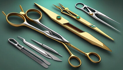 Realistic medical tools set of forceps scalpel scissors clamp, Generative AI - obrazy, fototapety, plakaty