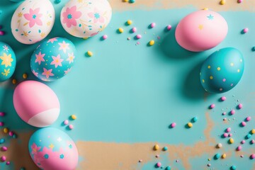 Fototapeta na wymiar Decorated easter eggs pastel colors. Free space for text. Easter card template. Generative AI