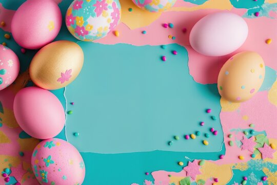 Decorated easter eggs pastel colors. Free space for text. Easter card template. Generative AI
