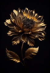golden metal flower on black background, 3D wallpaper, generated ai	