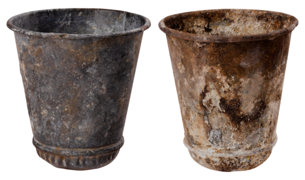 Metal old dirty cups used to collect resin from a pine trunk. Isolated background.