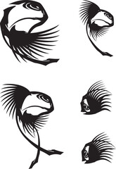 Black and White fish symbols for logos or stikers. Bizarre fish icons for business concepts, prints, embroidery, textiles, restaurant menu, tattoos, emblems, fabric products, cards, wallpapers, etc. 