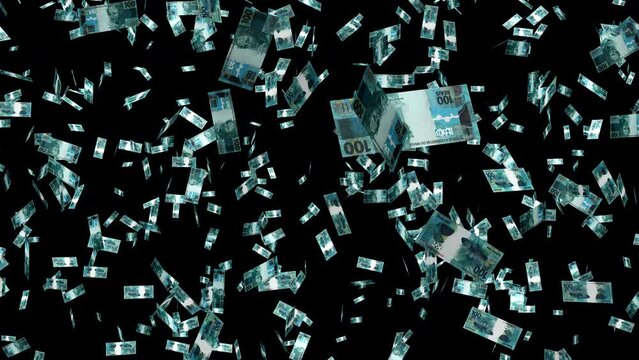 Money rain. BRL Brazilian Real paper money banknotes falling. Currency of Brazil