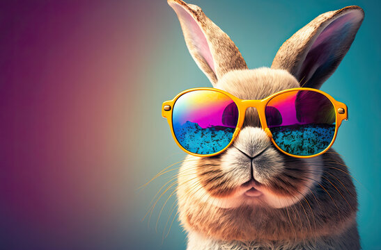 cool easter bunny with sunglasses on colorful background, generative ai