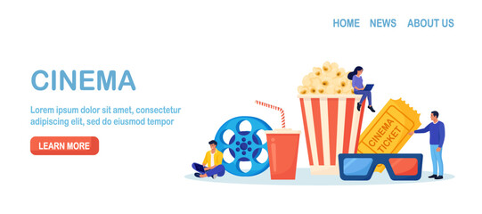 Online cinema art movie watching with popcorn bucket, 3d glasses, soda drinks and filmstrip, film reel. Cinematography concept. Film production. Movie premiere show announcement