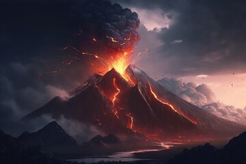 Dramatic view on volcano eruption with clouds of ashes and smoke