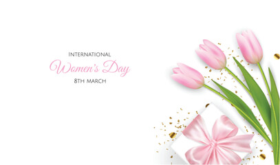 Mother's Day greeting card. Vector banner with pink tulips
