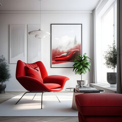 Modern living room interior with red Designer armchair and decoration room Generative AI
