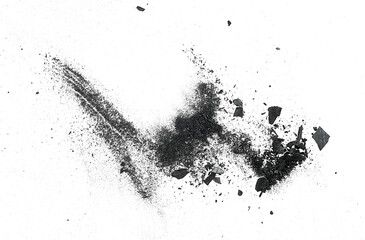 Black charcoal pile isolated on a white background, top view. Activated charcoal powder.