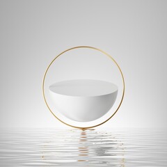 3d render, abstract minimalist geometric background, simple showcase scene with white hemisphere and golden ring, gold round frame and liquid floor with reflection. Podium for product presentation