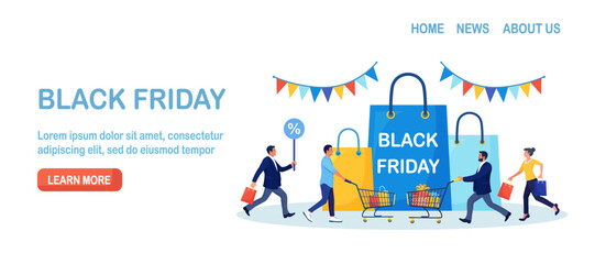 Black Friday Sale Event. People Buy on Big Discount Sales. Customers Running with Shopping Bags, Trolley, Cart with Gift Boxes and Big Packages on Background. E-commerce and Online Shopping